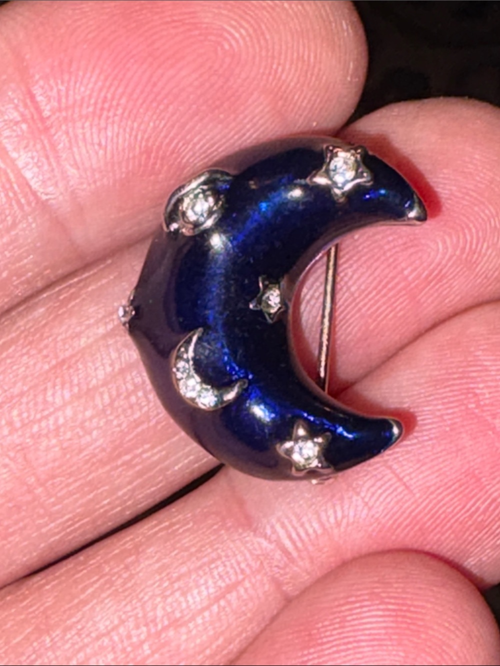 Vintage Enamel Navy and Crystal Crescent Moon